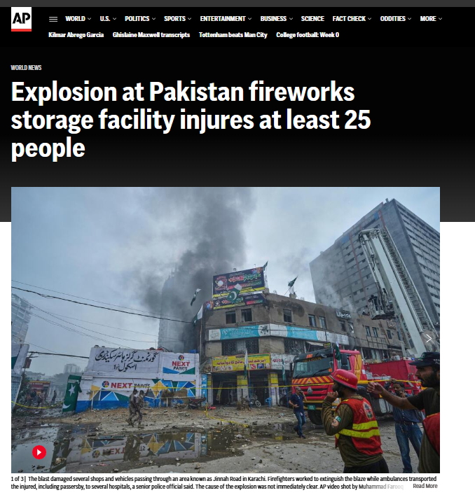 An explosion at a fireworks storage facility in Pakistan’s southern port city of Karachi on Thursday injured at least 25 people, some of them critically, police and hospital officials said.