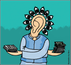 An Illustration by Abro depicting an informant with many eyes for finding tips