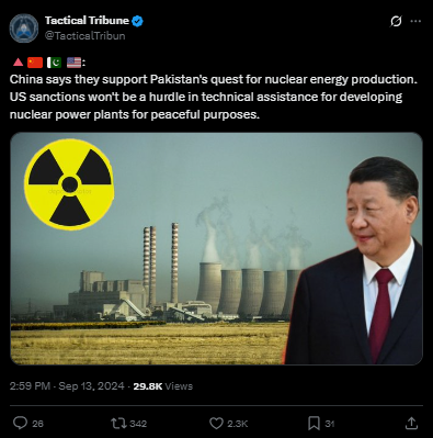 china says support pakistan's quest for nuclear energy production