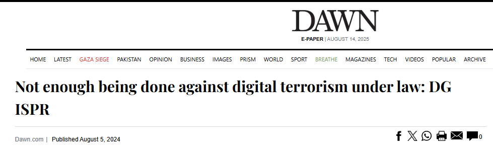  DG ISPR Lt Gen Ahmed Sharif Chaudhry warned of unchecked “digital terrorism,” pledged action, condemned BYC, and outlined counterterrorism efforts. 