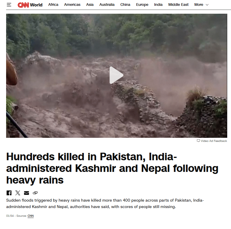 Hundreds killed in Pakistan, India‑administered Kashmir and Nepal following heavy rains