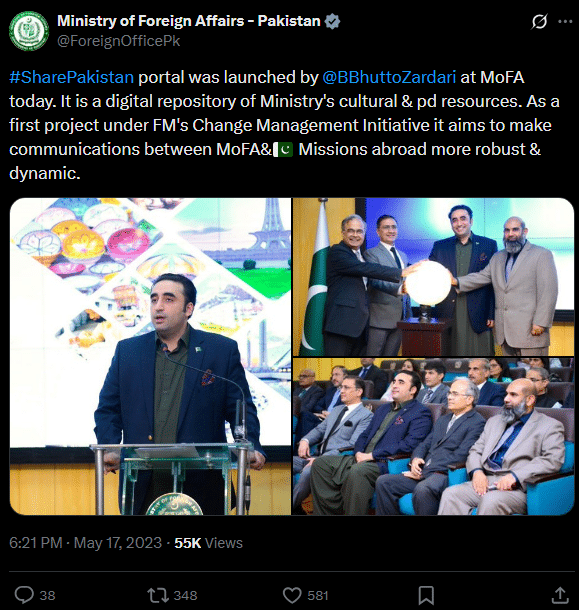 MOFA tweet on Launch of Share Pakistan Portal