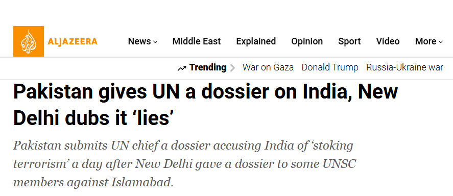 Pakistan handed a dossier to the UN chief accusing India of sponsoring terrorism, prompting India to dismiss it as false ahead of joining the UN Security Council.