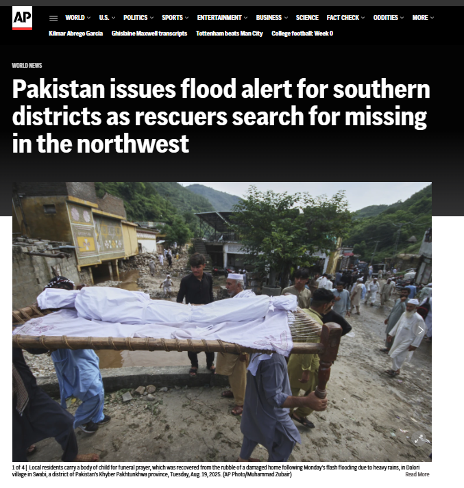 Pakistan issued a flood alert Wednesday for some southern districts, warning of torrential rains, as rescue teams continued searching for missing people in the country’s northwest, where severe floods killed hundreds over the past week.