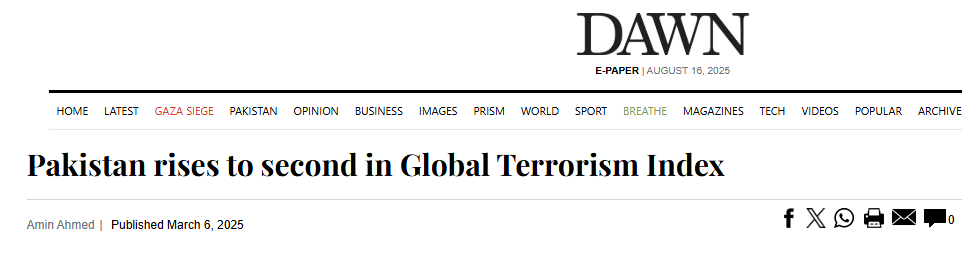 Pakistan ranked second in the Global Terrorism Index 2025, with terrorism deaths rising 45% to 1,081, driven mainly by FAK and FAH attacks.