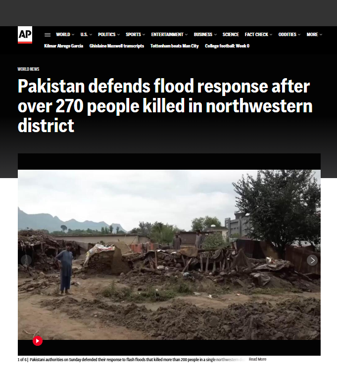 Rescuers recovered dozens more bodies from the rubble of collapsed homes in a northwestern district of Pakistan, bringing the death toll to at least 274, as authorities defended their response to the flooding and said they did not need any foreign help at this point.