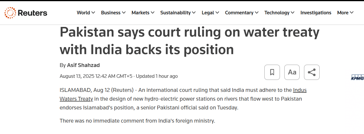 Reuters reporting on current Indus Water treaty debate. 
