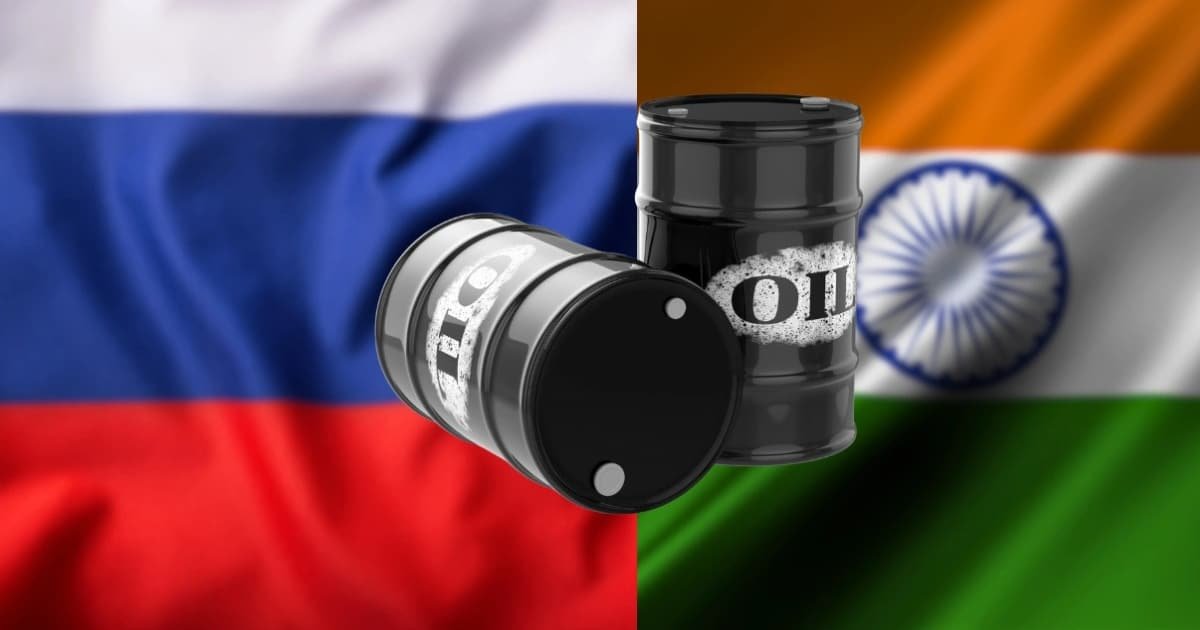 Flags of India and Russia with crude oil tanks.