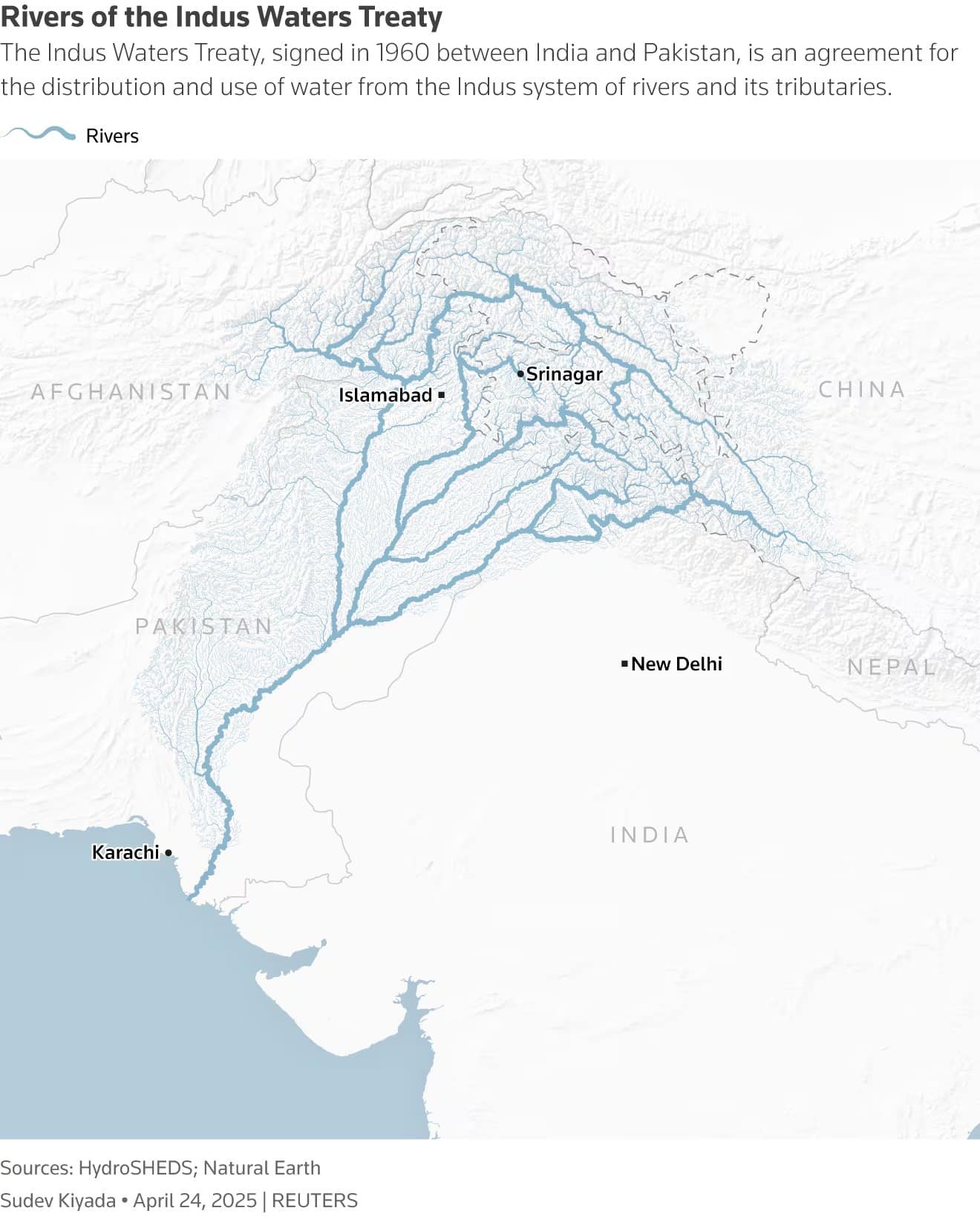 The image depicts a map illustrating the rivers associated with the Indus Waters Treaty, an agreement signed in 1960 between India and Pakistan for the distribution and use of water from the Indus river system and its tributaries