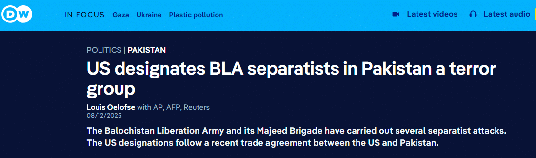 The U.S. designated Pakistan’s Balochistan Liberation Army and Majeed Brigade as Foreign Terrorist Organizations, coinciding with a trade deal to tap Balochistan’s oil reserves. 