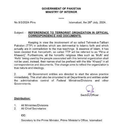 Ministry of Interior Notification