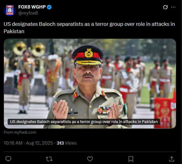 Tweet about US designation of BLA as terrorist group