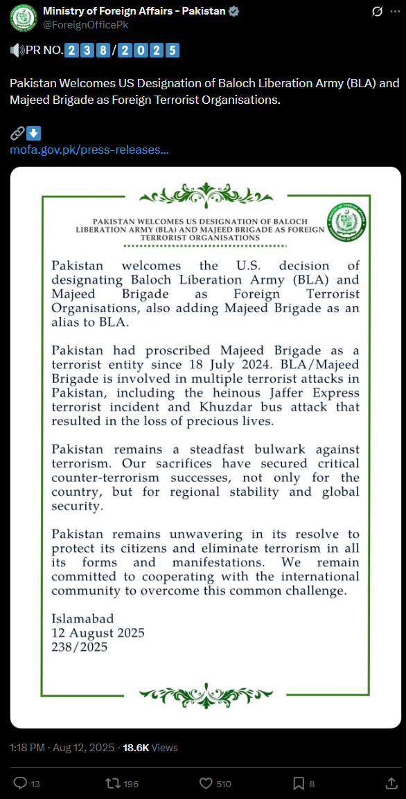 Pakistan Welcomes US Designation Baloch Liberation Army BLA and Majeed Brigade as Foreign Terrorist Organisation
