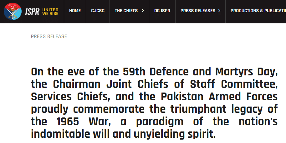  Pakistan Armed Forces mark Defense and Martyrs Day, honoring 1965 heroes, martyrs, and veterans with renewed pledge to defend the nation.