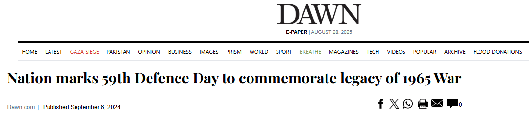  Pakistan marked the 59th Defense Day with ceremonies, tributes to martyrs and veterans of the 1965 war, and reaffirmed its commitment to defend the nation against all threats.