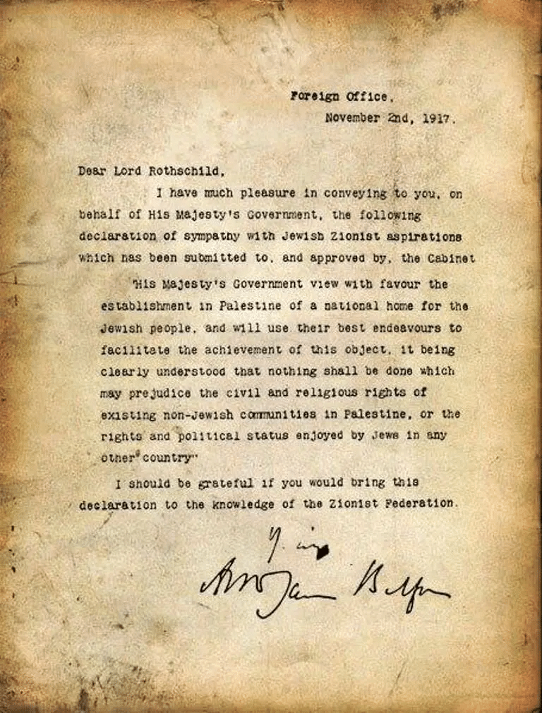 a letter known as the Balfour Declaration, the UK said it supported the creation of a "national home for the Jewish people" in Palestine.