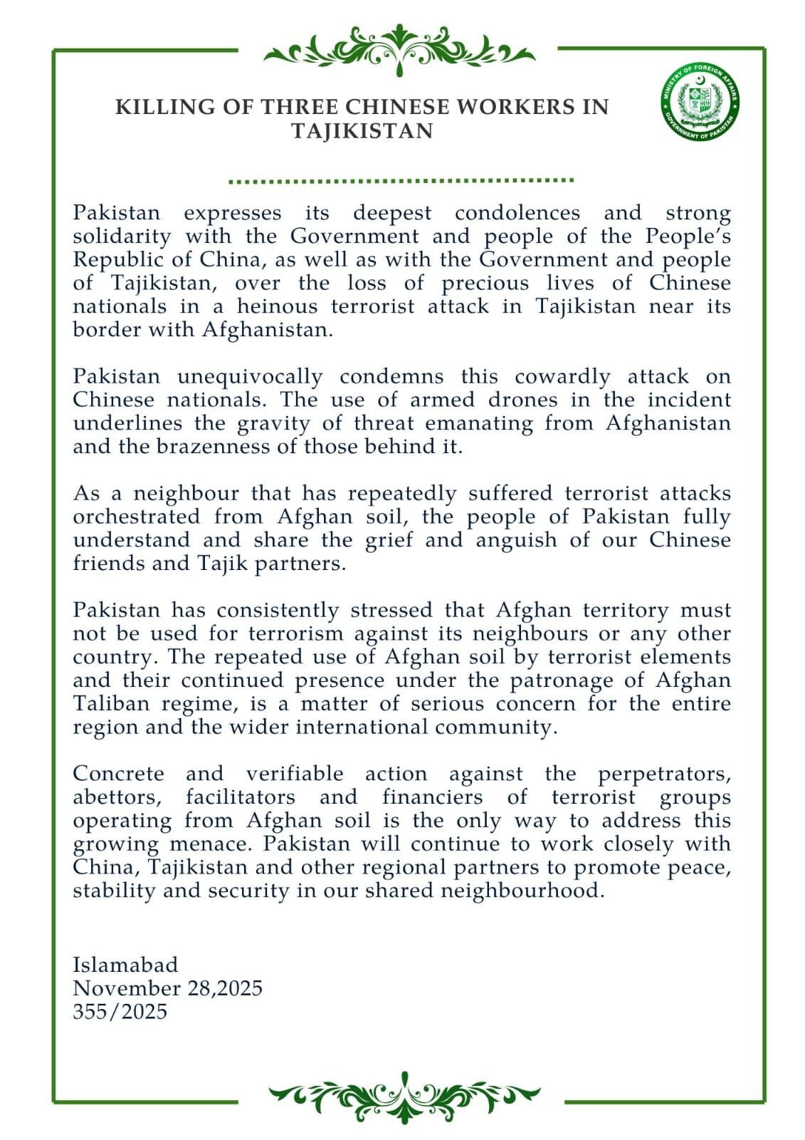 MOFA Pakistan Condemns Drone Attack on Chinese Workers in Tajikistan, Warns of Growing Afghan Terror Threat
