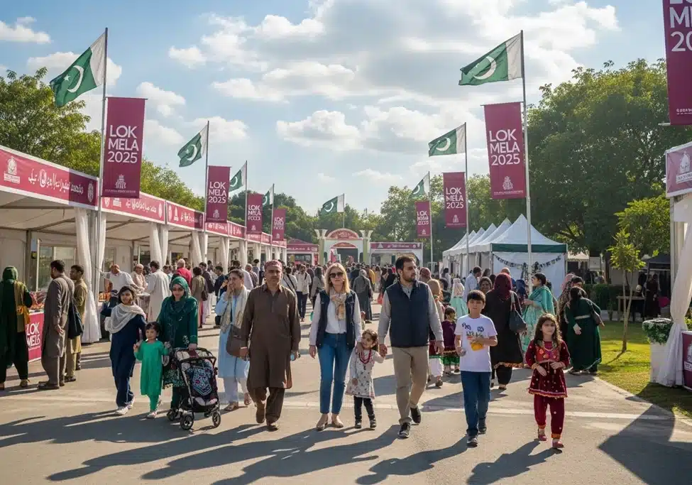 The image showcases people visiting the Lok Mela 2025 grounds.