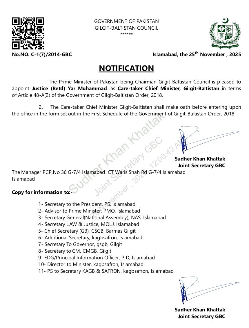 Notification of appointment of Justice Yar Muhammad Khan as Caretaker CM of Gilgil Baltistan,