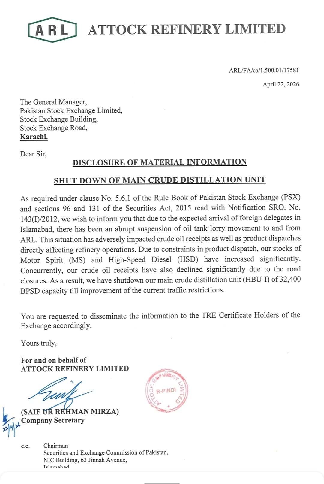 Attock Refinery shuts main crude unit as Islamabad security lockdown halts oil tankers 1 Attock Refinery shuts main crude unit as Islamabad security lockdown halts oil tankers
